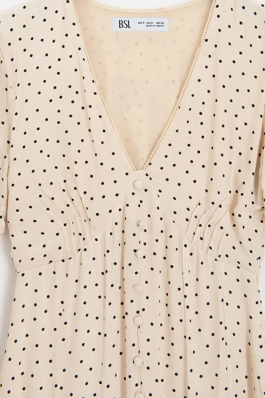 Bayan Ekru Puantiyeli Volanlı Midi Elbise - BSL