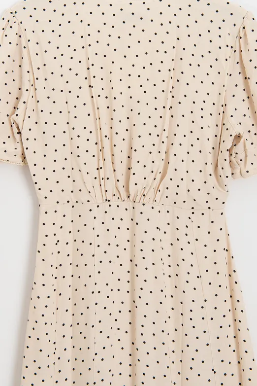 Bayan Ekru Puantiyeli Volanlı Midi Elbise - BSL