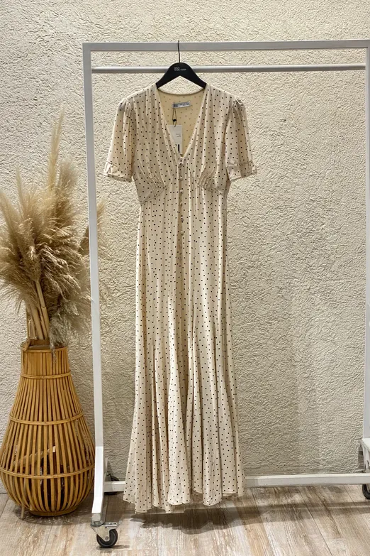 Bayan Ekru Puantiyeli Volanlı Midi Elbise - BSL