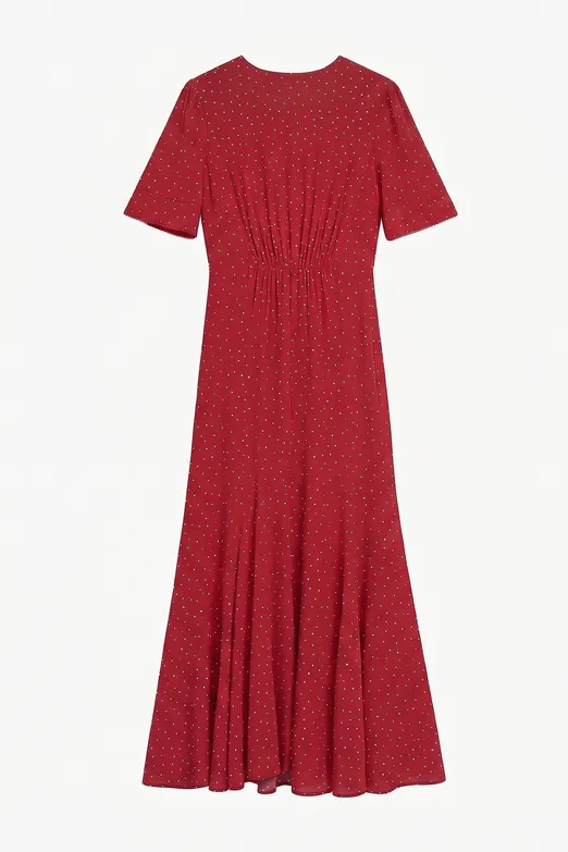 Bayan Kırmızı Puantiyeli Volanlı Midi Elbise - BSL