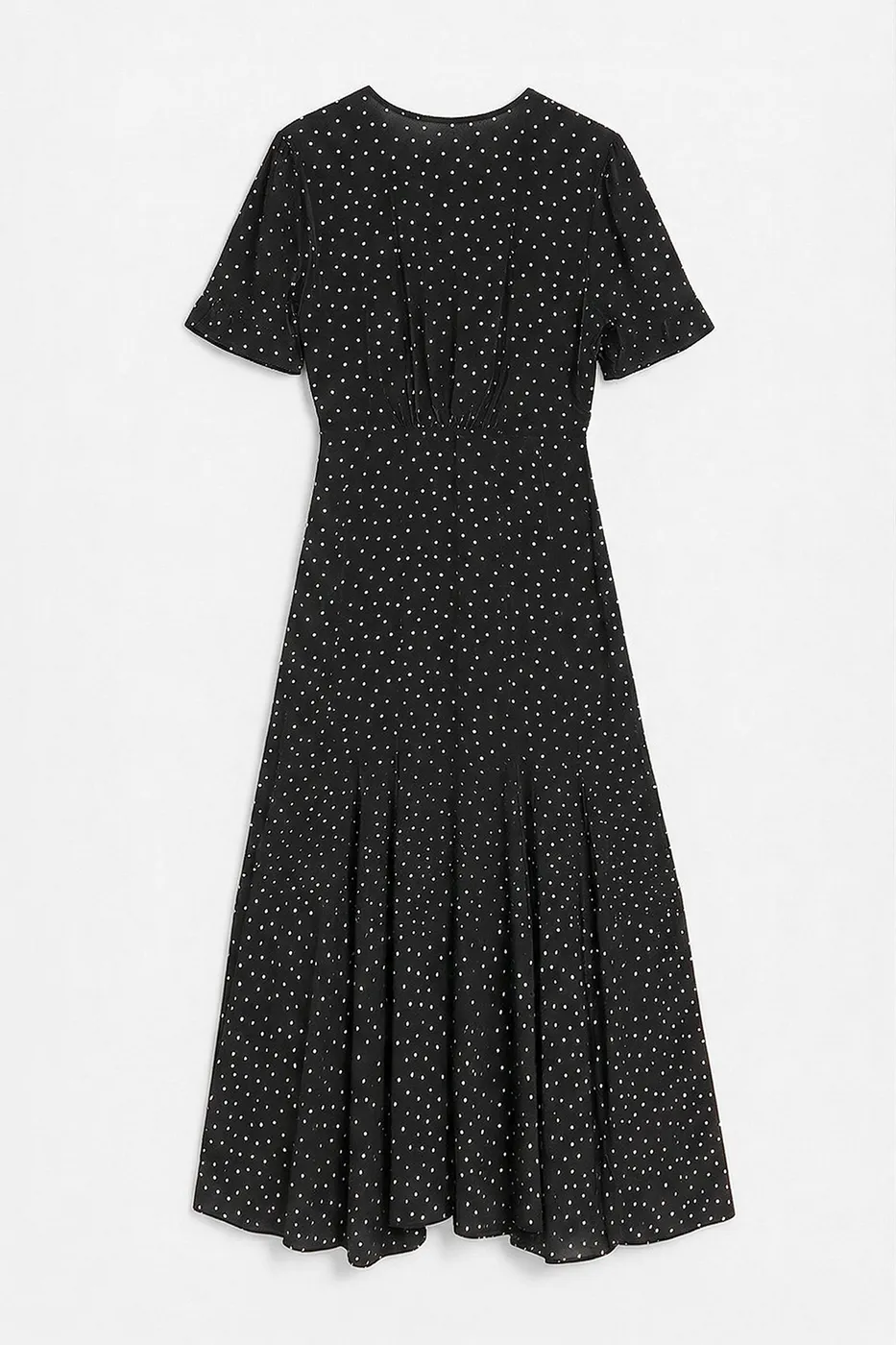 Bayan Siyah Puantiyeli Volanlı Midi Elbise