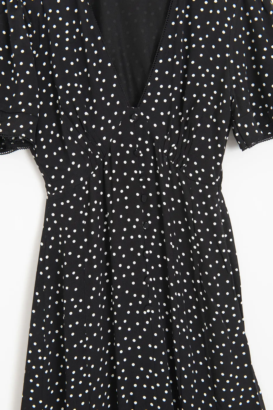 Bayan Siyah Puantiyeli Volanlı Midi Elbise