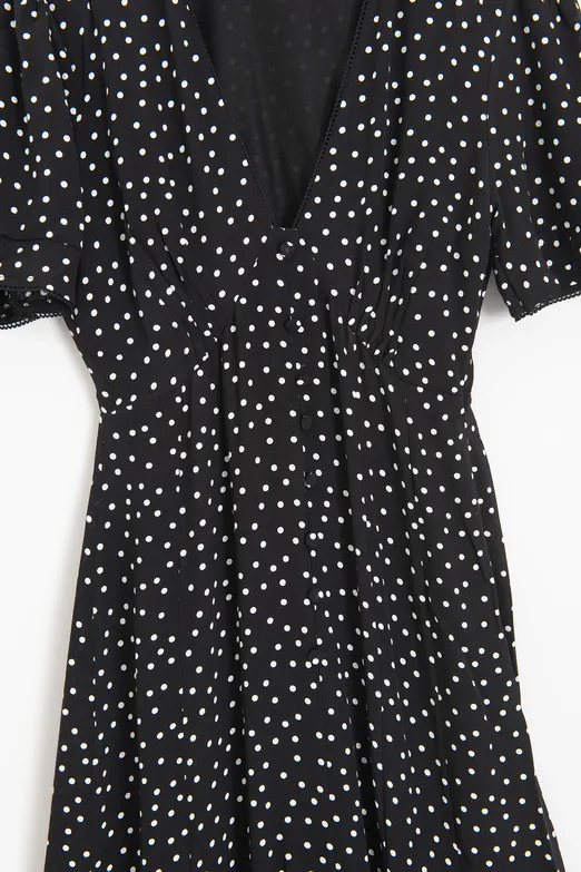 Bayan Siyah Puantiyeli Volanlı Midi Elbise - BSL