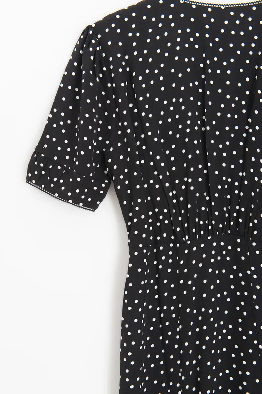 Bayan Siyah Puantiyeli Volanlı Midi Elbise - BSL