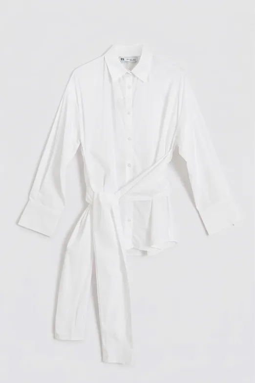 Bayan Beyaz Bağcıklı Poplin Gömlek - BSL