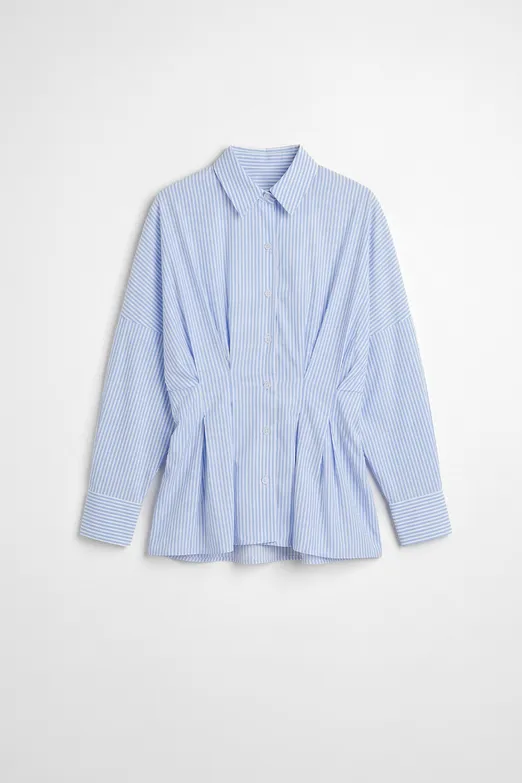 Bayan Mavi Çizgili Pilili Poplin Gömlek - BSL