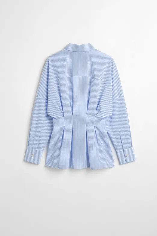 Bayan Mavi Çizgili Pilili Poplin Gömlek - BSL