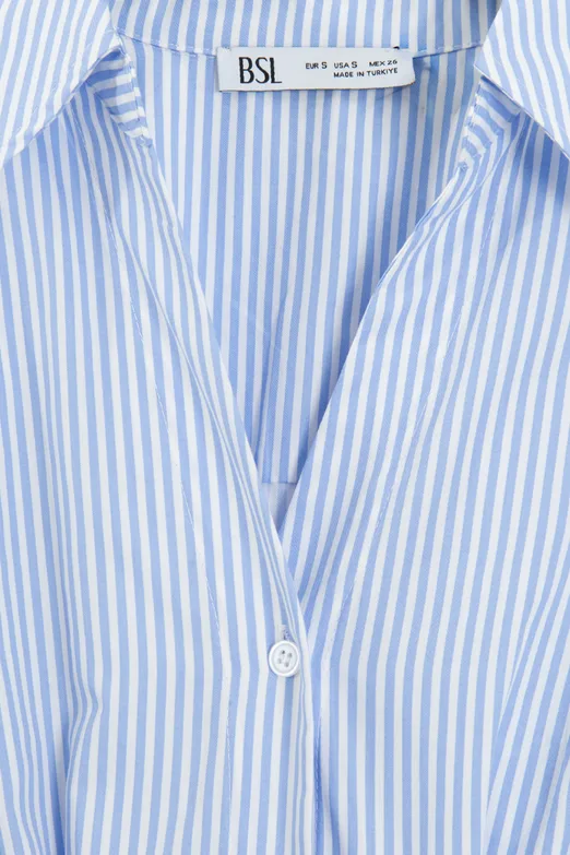 Bayan Mavi Çizgili Pilili Poplin Gömlek - BSL