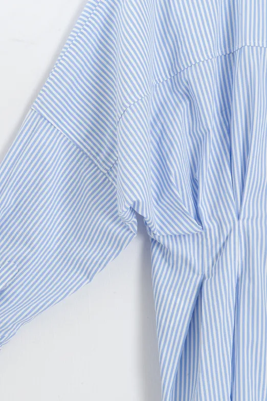 Bayan Mavi Çizgili Pilili Poplin Gömlek - BSL