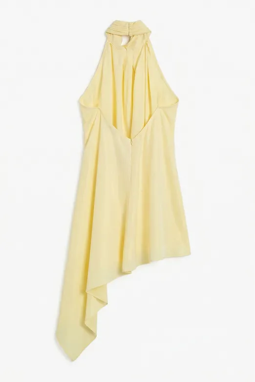 Bayan Sarı Saten Asimetrik Mini Elbise - BSL