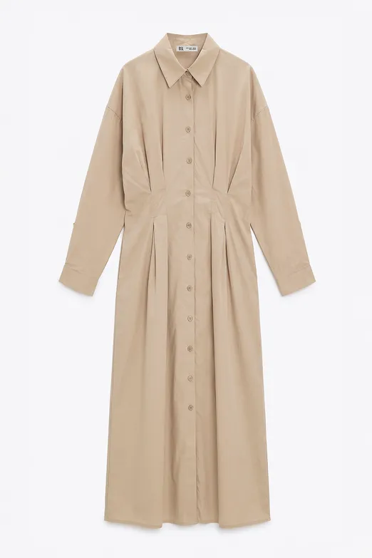 Bayan Bej %100 Cotton Pileli Gömlek Elbise - BSL