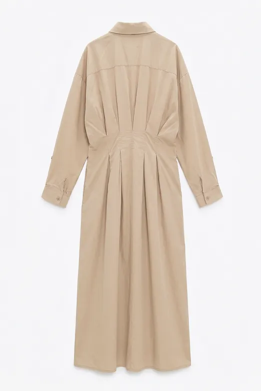 Bayan Bej %100 Cotton Pileli Gömlek Elbise - BSL