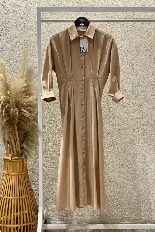 Bayan Bej %100 Cotton Pileli Gömlek Elbise - BSL