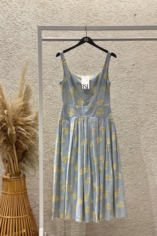 Kare Yakalı Büzgülü Midi Elbise