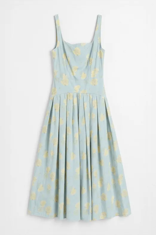 Bayan Mavi Kare Yakalı Büzgülü Midi Elbise - BSL