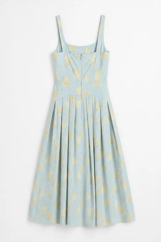 Bayan Mavi Kare Yakalı Büzgülü Midi Elbise - BSL