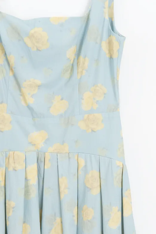 Bayan Mavi Kare Yakalı Büzgülü Midi Elbise - BSL