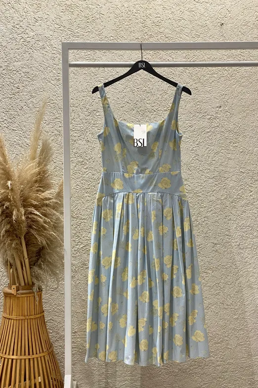 Bayan Mavi Kare Yakalı Büzgülü Midi Elbise - BSL