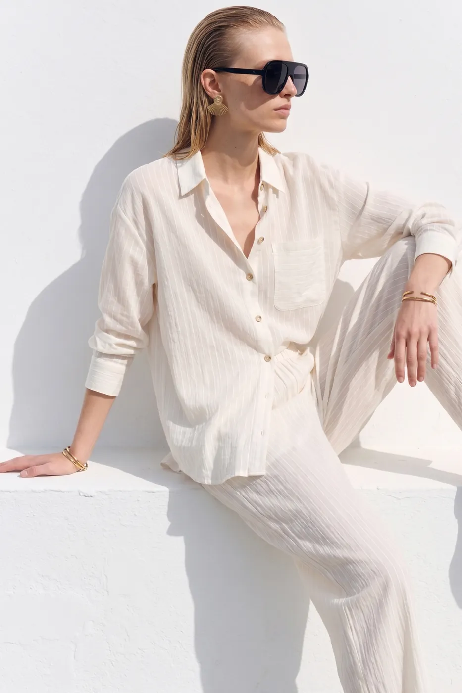 Bayan Ekru Çizgili Oversize Pantolon