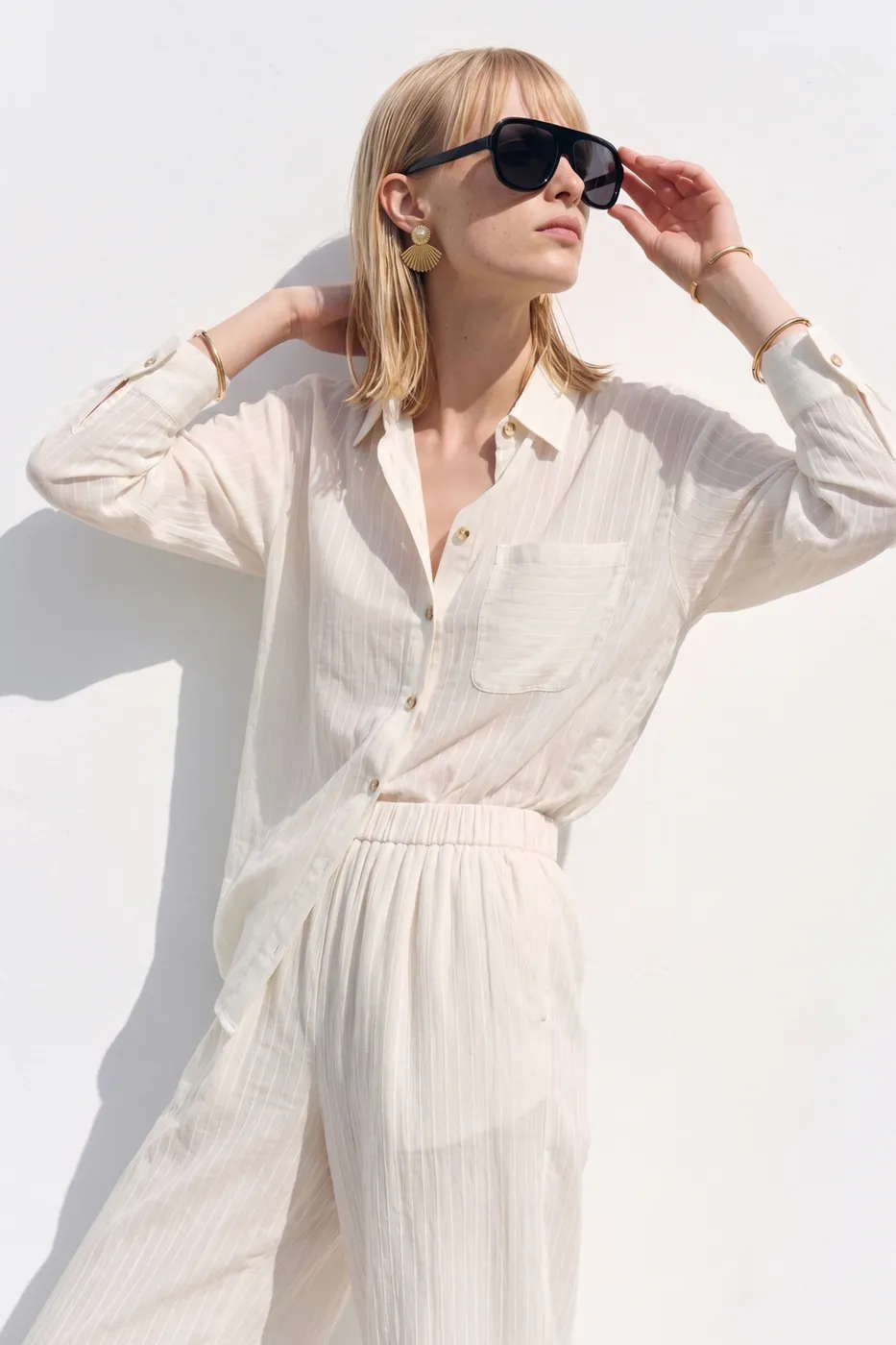 Bayan Ekru Çizgili Oversize Pantolon