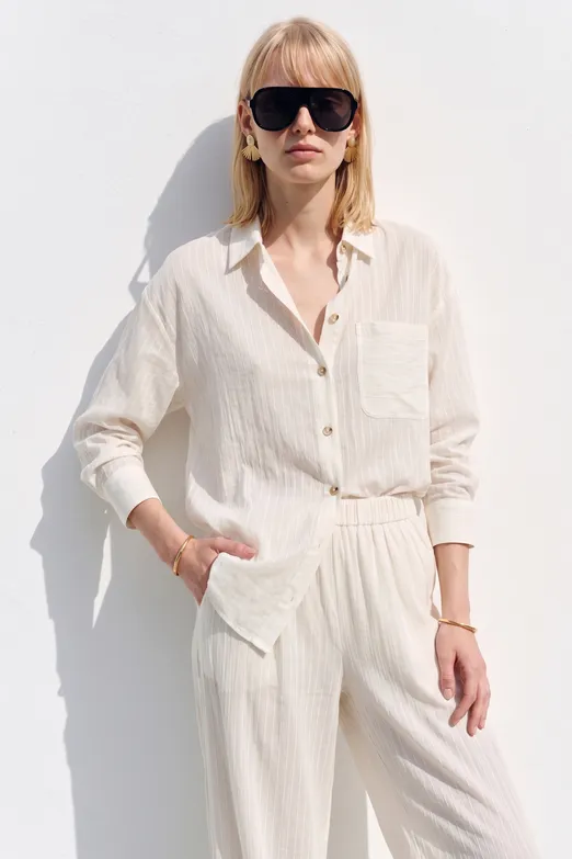 Bayan Ekru Çizgili Oversize Pantolon - BSL