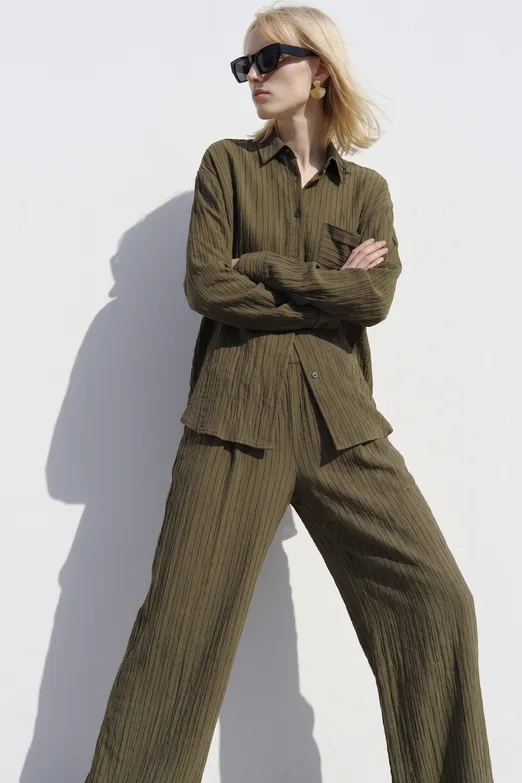 Bayan Haki Çizgili Oversize Pantolon - BSL