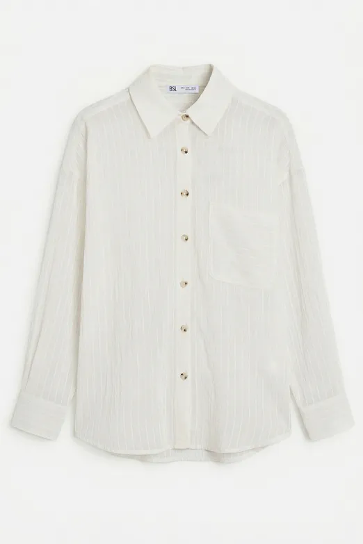Bayan Ekru Çizgili Oversize Gömlek - BSL