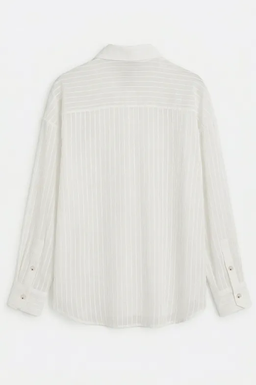 Bayan Ekru Çizgili Oversize Gömlek - BSL