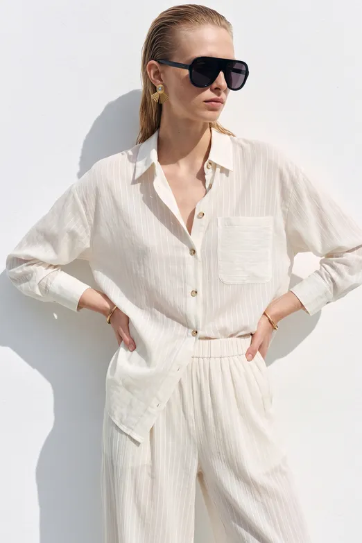 Bayan Ekru Çizgili Oversize Gömlek - BSL