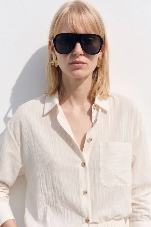 Bayan Ekru Çizgili Oversize Gömlek - BSL