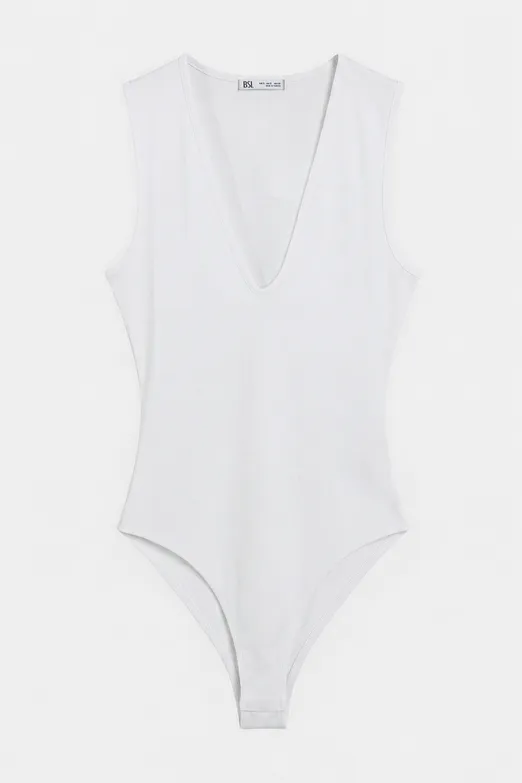 Bayan Beyaz Derin V Yakalı Kolsuz Bodysuıt - BSL