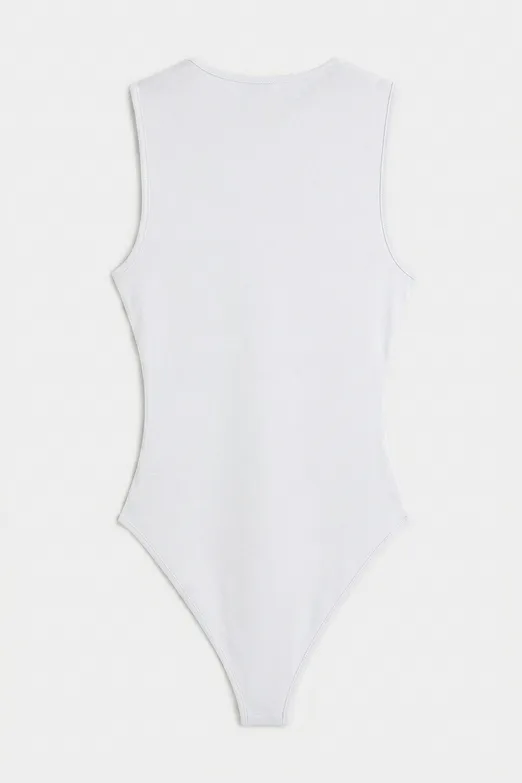 Bayan Beyaz Derin V Yakalı Kolsuz Bodysuıt - BSL