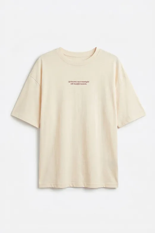 Bayan Ekru Basic Baskılı Oversize Tshirt - BSL