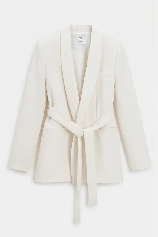 Bayan Beyaz Şal Yakalı Bağlamalı Blazer Ceket - BSL