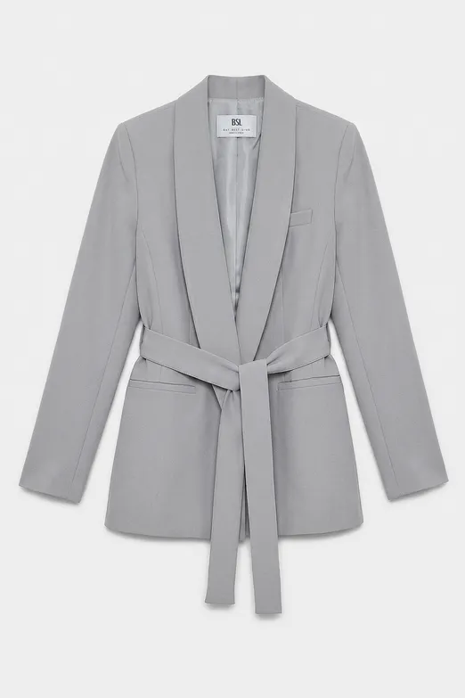 Bayan Gri Şal Yakalı Bağlamalı Blazer Ceket - BSL