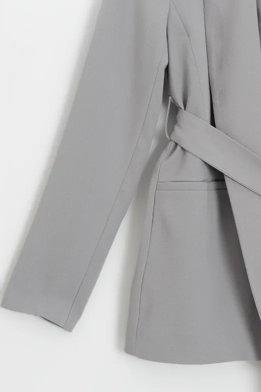 Bayan Gri Şal Yakalı Bağlamalı Blazer Ceket - BSL