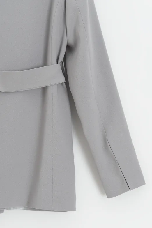 Bayan Gri Şal Yakalı Bağlamalı Blazer Ceket - BSL