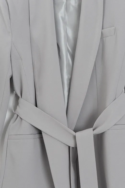 Bayan Gri Şal Yakalı Bağlamalı Blazer Ceket - BSL
