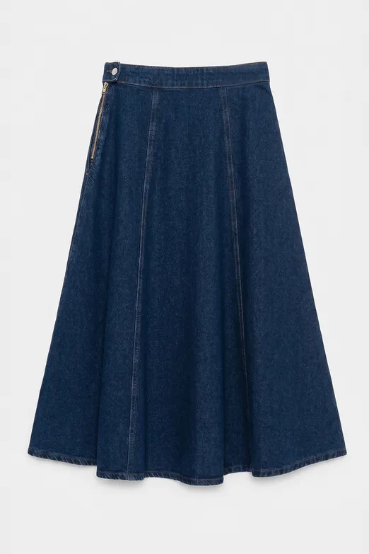 Bayan Lacivert Kloş Denim Midi Etek - BSL