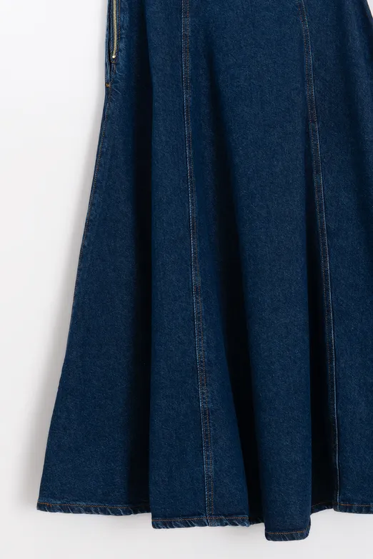 Bayan Lacivert Kloş Denim Midi Etek - BSL