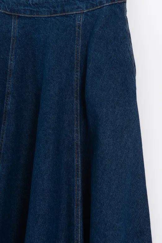 Bayan Lacivert Kloş Denim Midi Etek - BSL