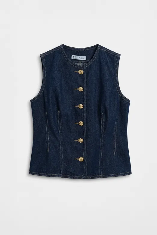 Bayan Lacivert Düğmeli Denim Yelek - BSL