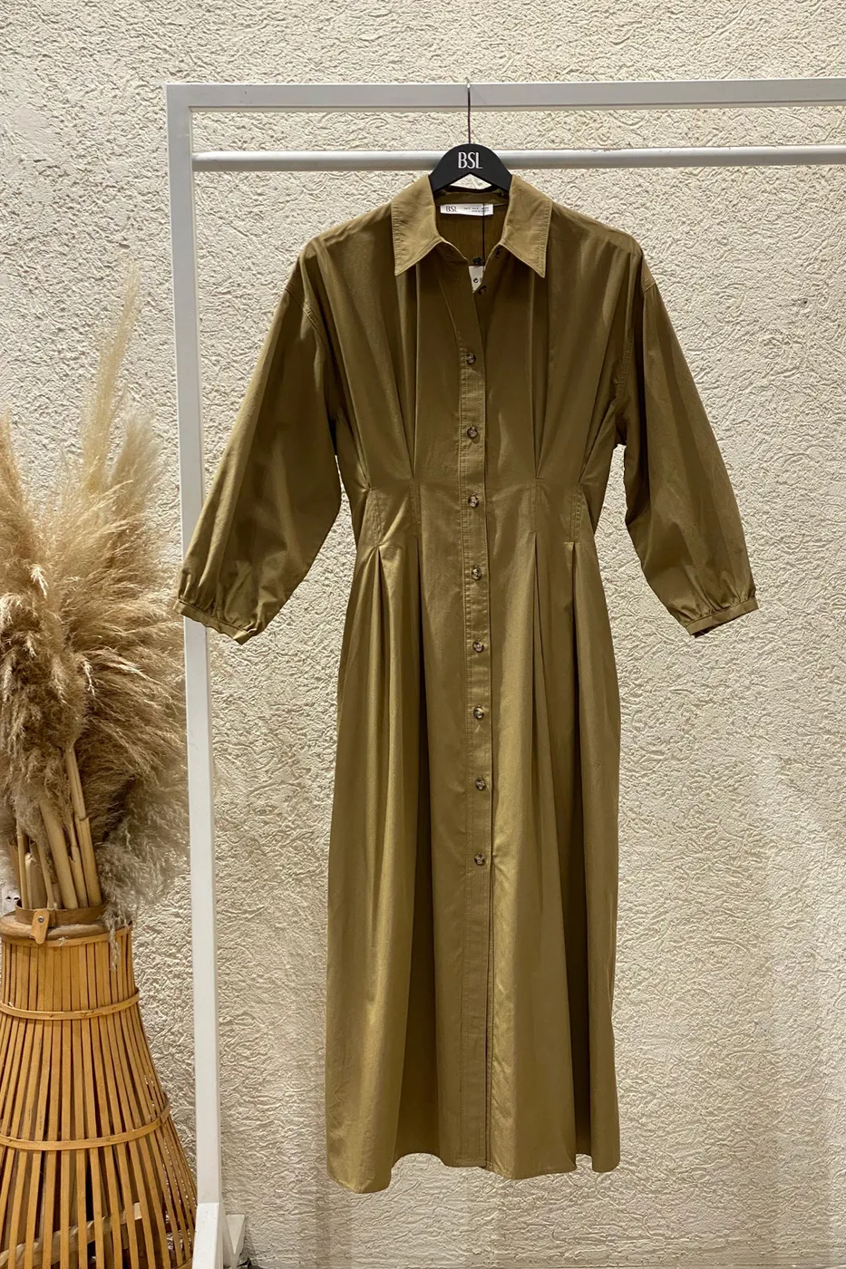 Bayan Haki %100 Cotton Pileli Midi Elbise