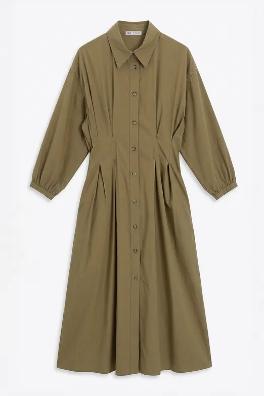 Bayan Haki %100 Cotton Pileli Midi Elbise - BSL