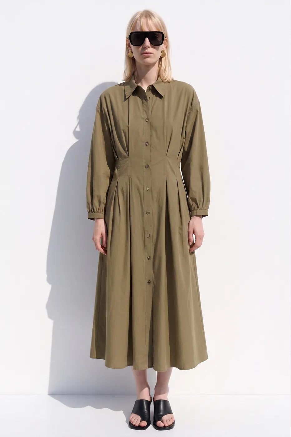 Bayan Haki %100 Cotton Pileli Midi Elbise