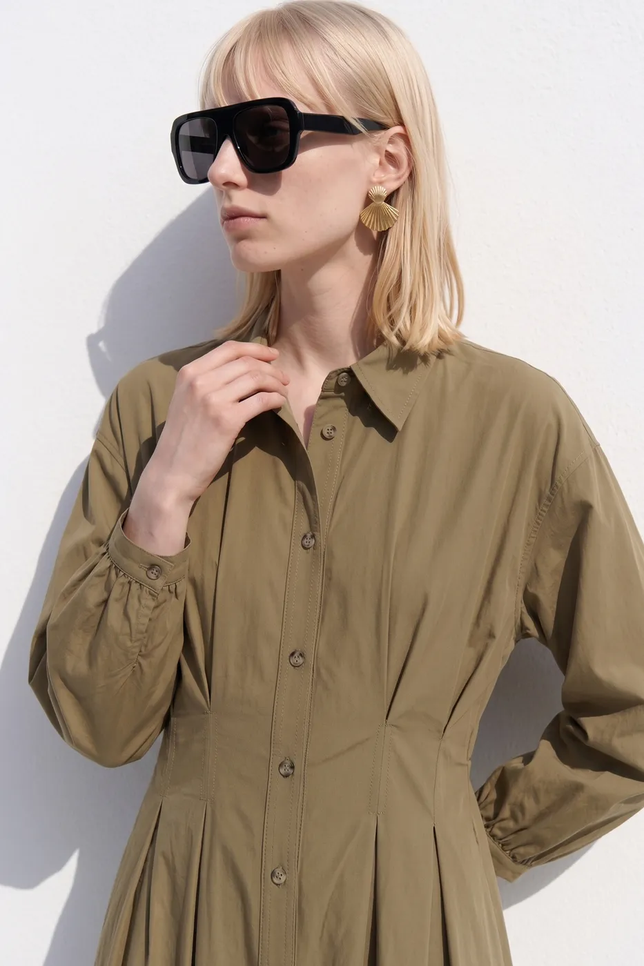 Bayan Haki %100 Cotton Pileli Midi Elbise