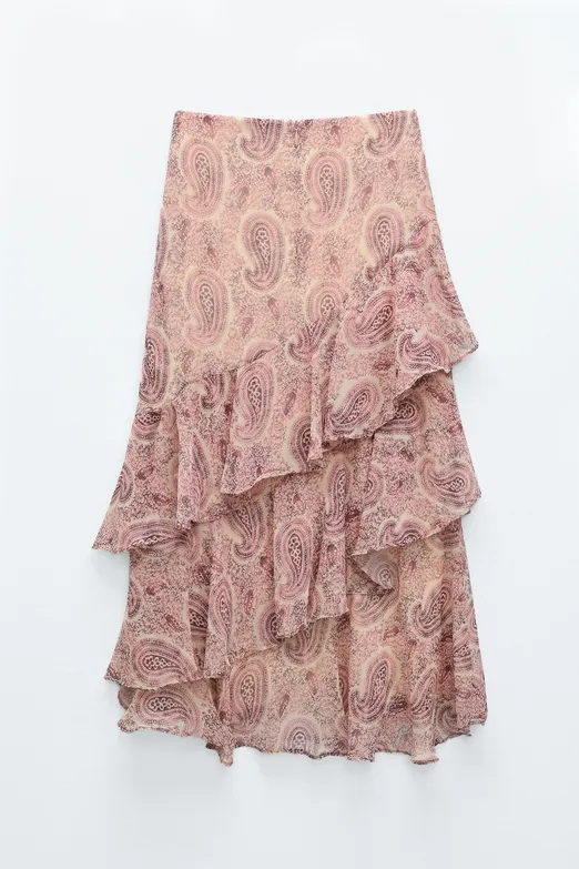 Bayan Pudra Katlı Fırfırlı Maksi Şifon Etek - BSL