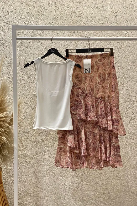 Bayan Pudra Katlı Fırfırlı Maksi Şifon Etek - BSL