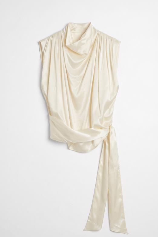 Dökümlü Saten Bağlamalı Bluz