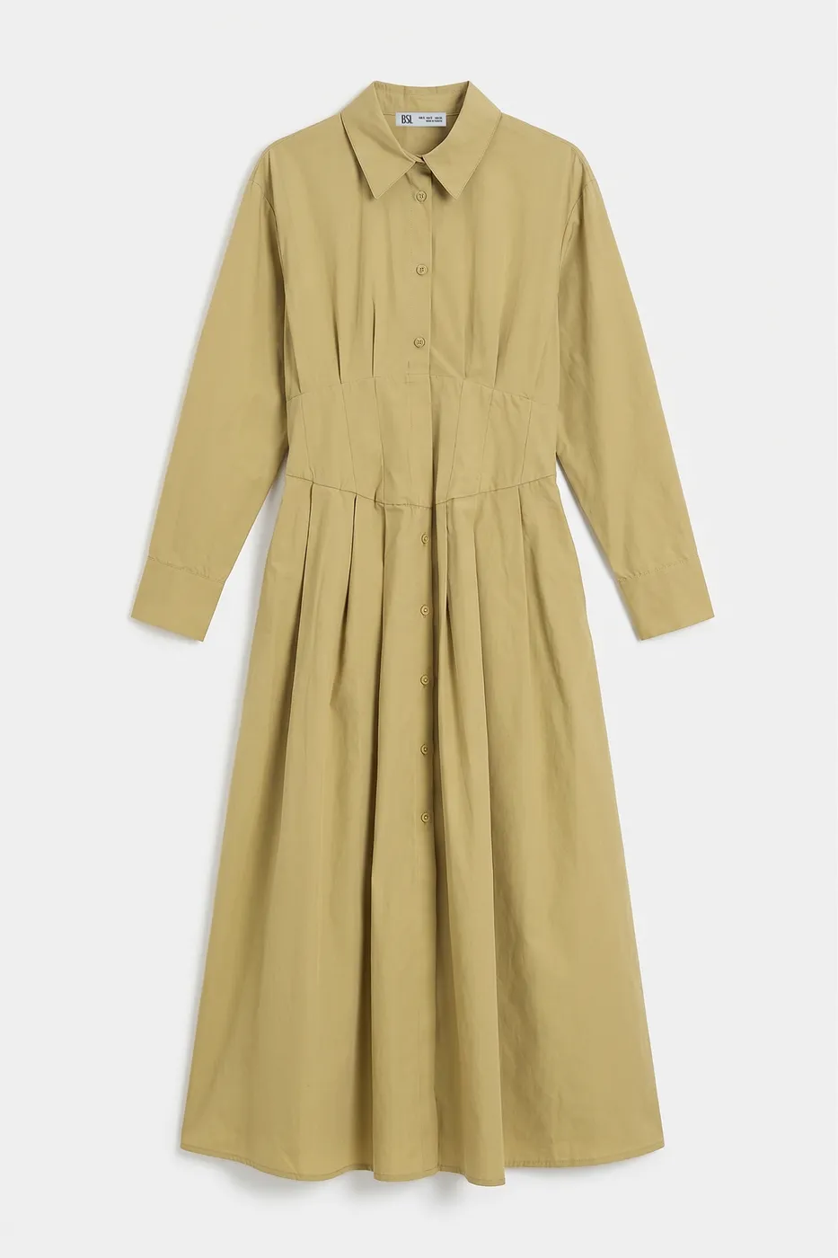 Bayan Yeşil Poplin Korsajlı Midi Gömlek Elbise